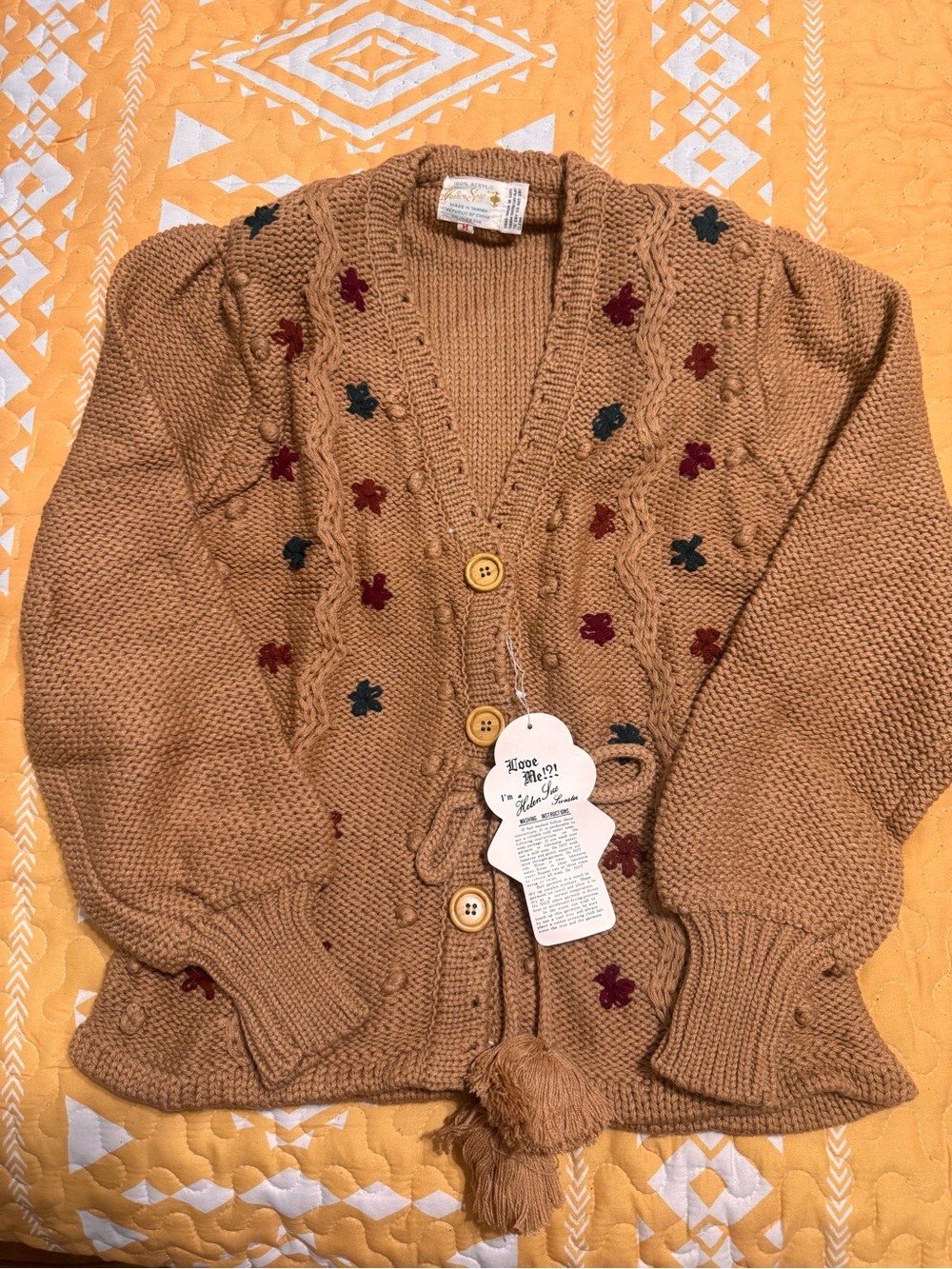 Vintage-Helen Sue Brown Knit Cardigan Sweater with Embroidered Accents